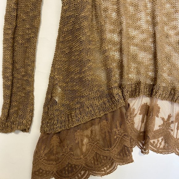 Umgee Womens L Cardigan Sweater Brown Long Sleeve Open Front Knit Layered Lace - Picture 14 of 15